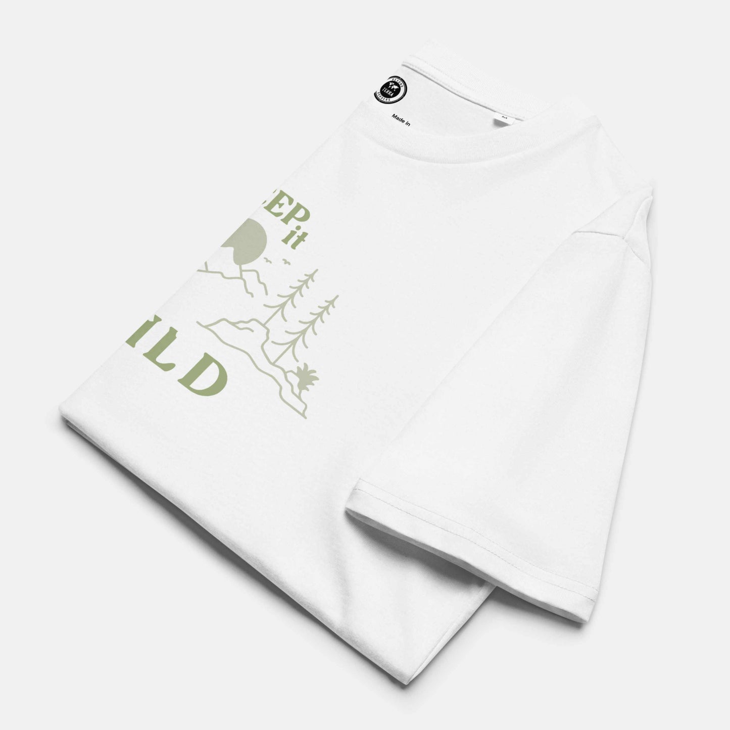 white organic t-shirt with 'Keep it Wild' bold and deer, mountain, forest graphic design