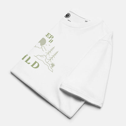 white organic t-shirt with 'Keep it Wild' bold and deer, mountain, forest graphic design