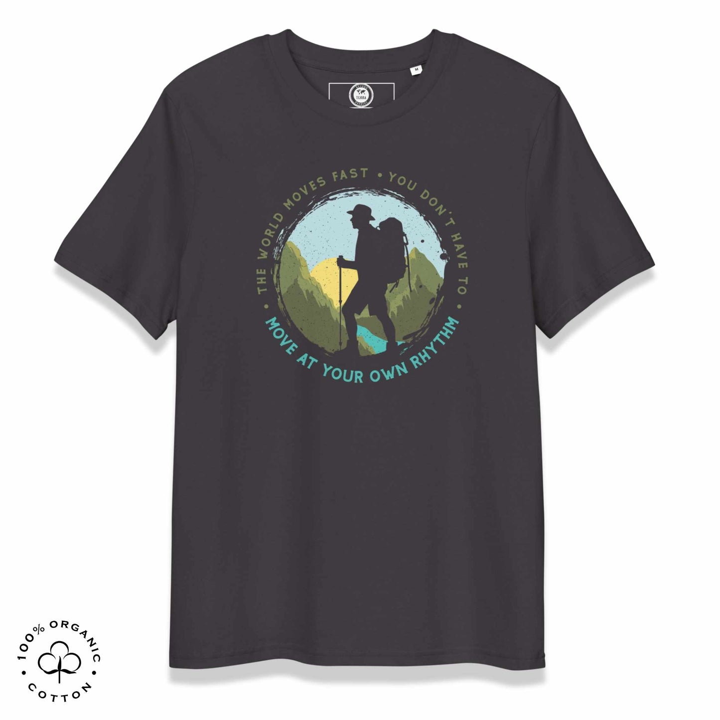 Grey organic cotton t-shirt with a hiking graphic design and text "Move at your own rhythm" on a white background