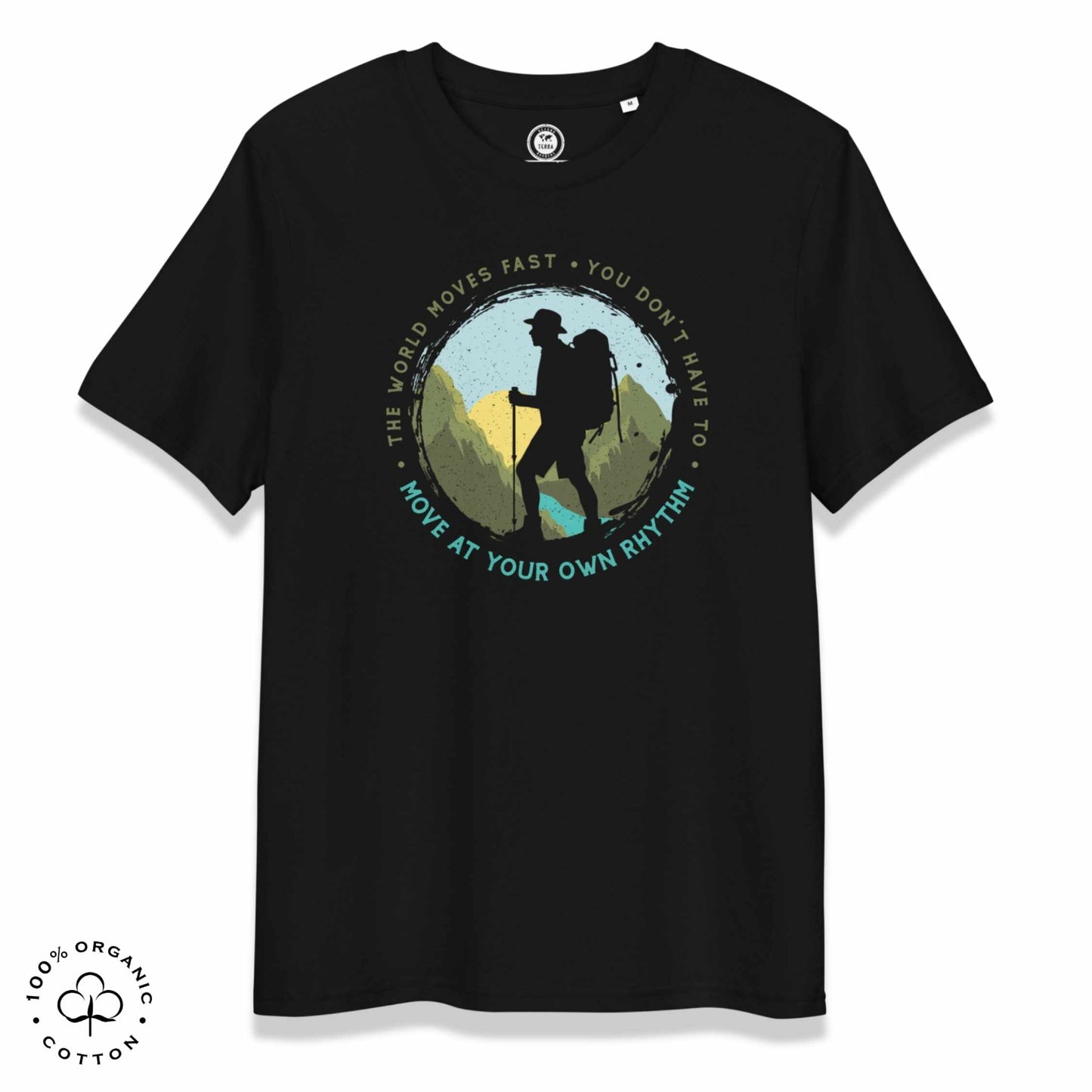 Black organic cotton t-shirt with a hiking graphic design and text "Move at your own rhythm" on a white background