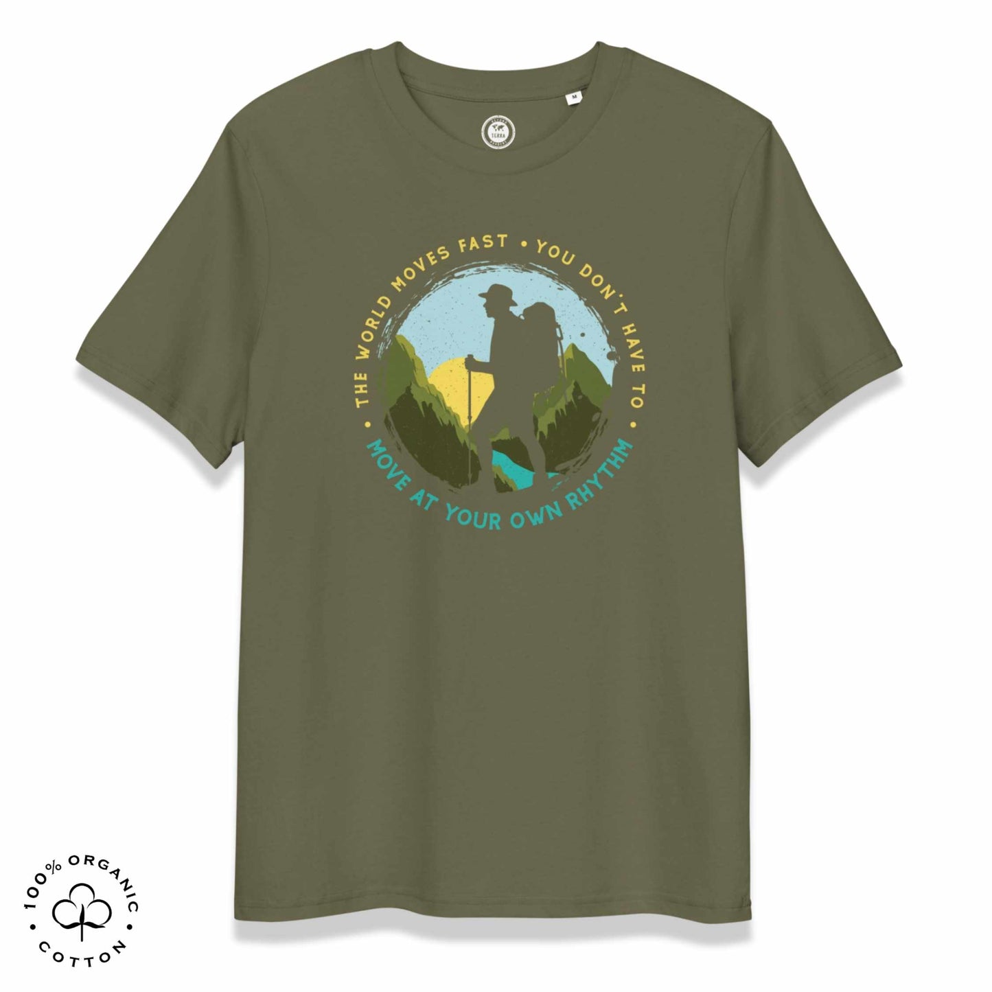 Khaki organic cotton t-shirt with a hiking graphic design and text "Move at your own rhythm" on a white background