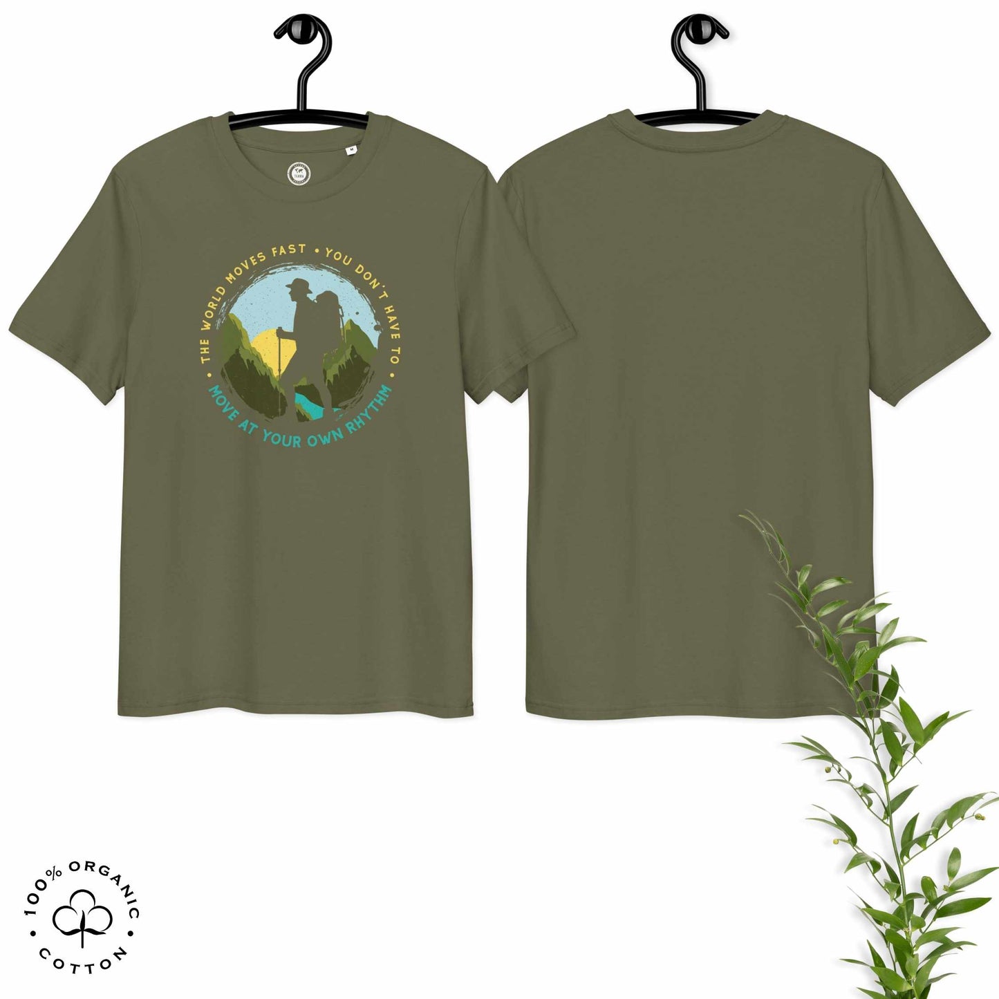 Khaki organic cotton t-shirt with a hiking graphic design and text "Move at your own rhythm" on a white background