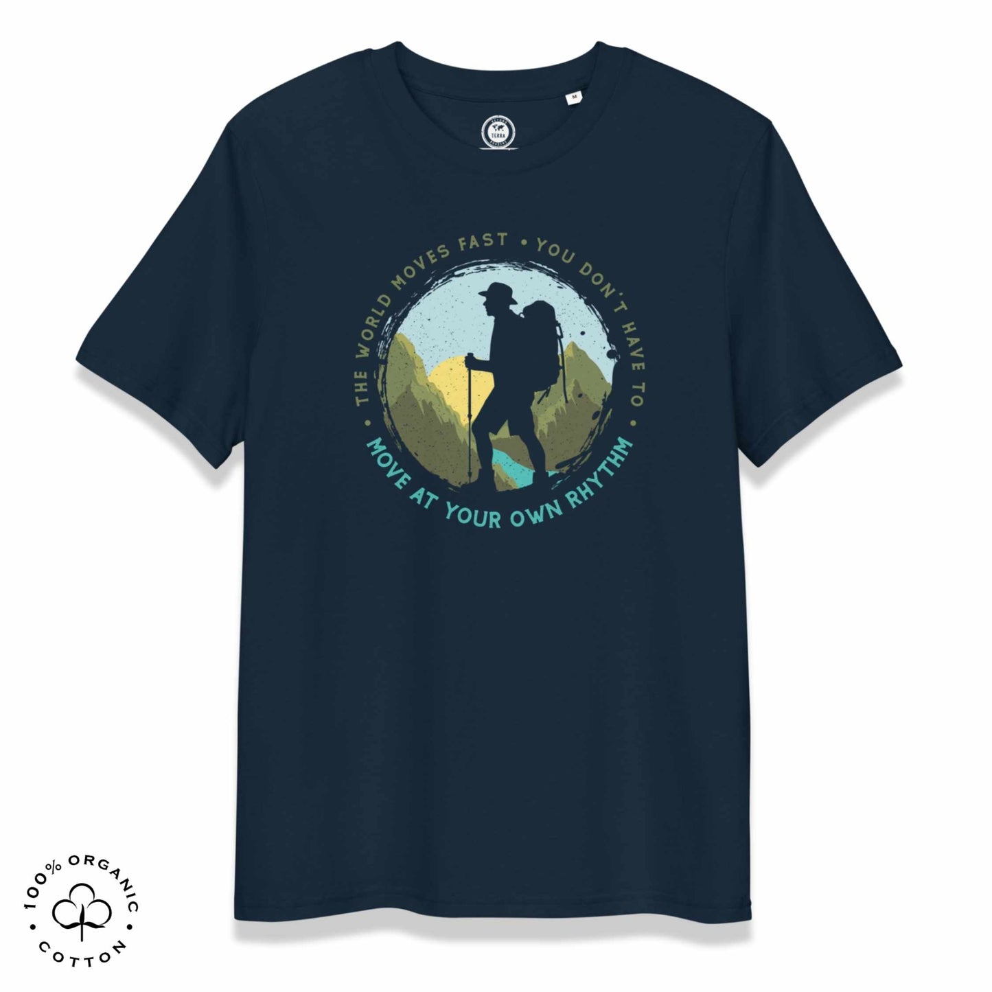 Navy organic cotton t-shirt with a hiking graphic design and text "Move at your own rhythm" on a white background