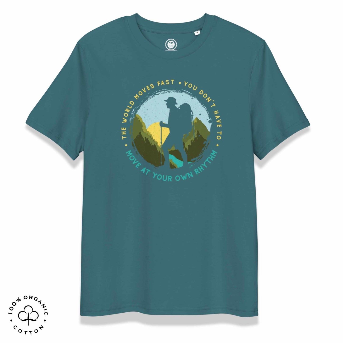 Stargazer green organic cotton t-shirt with a hiking graphic design and text "Move at your own rhythm" on a white background