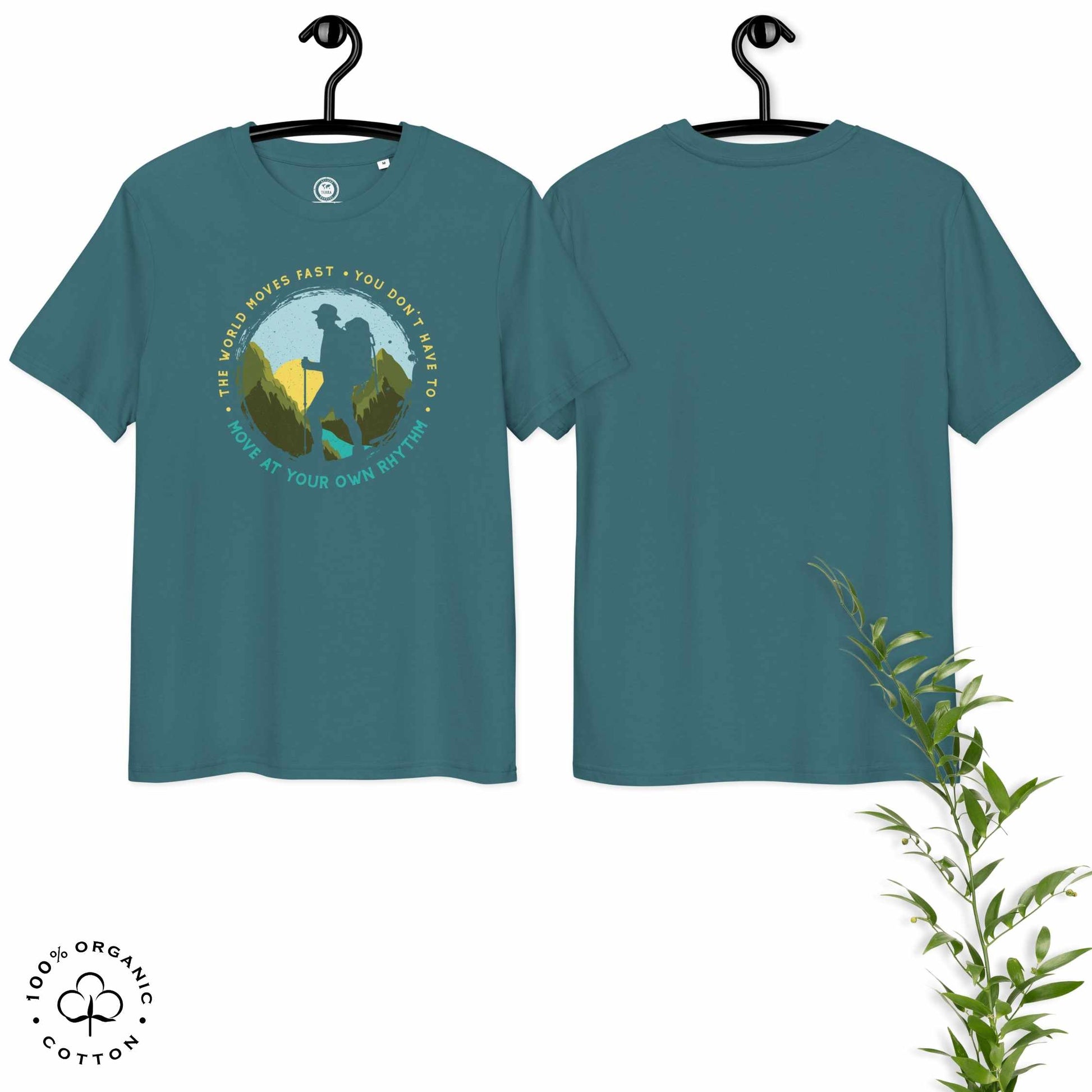 Stargazer green organic cotton t-shirt with a hiking graphic design and text "Move at your own rhythm" on a white background