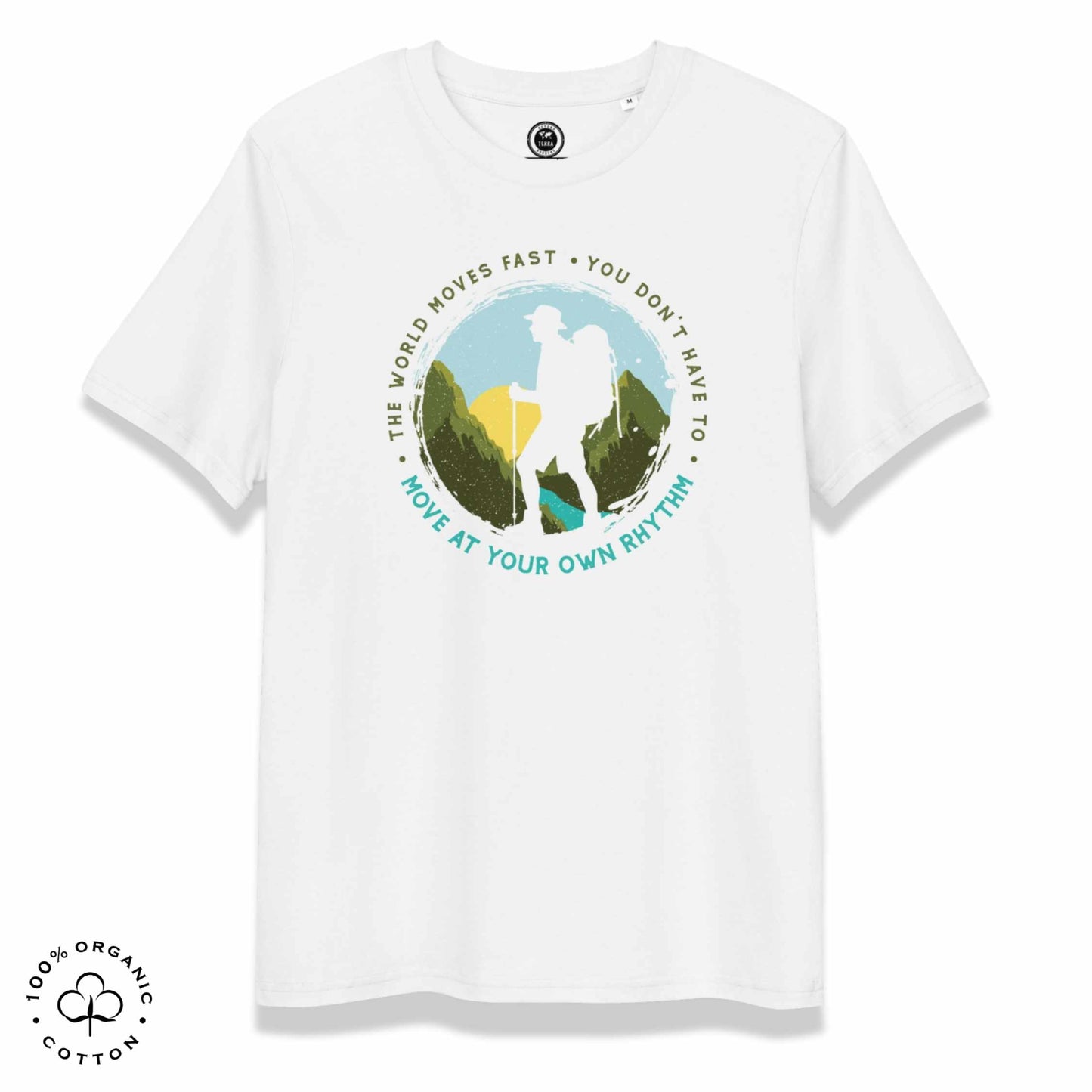 White organic cotton t-shirt with a hiking graphic design and text "Move at your own rhythm" on a white background