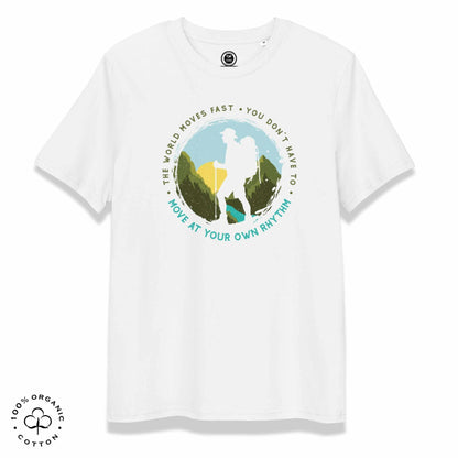White organic cotton t-shirt with a hiking graphic design and text "Move at your own rhythm" on a white background