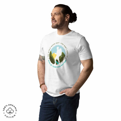Man wearing White organic cotton t-shirt with a hiking graphic design and text "Move at your own rhythm" on a white background