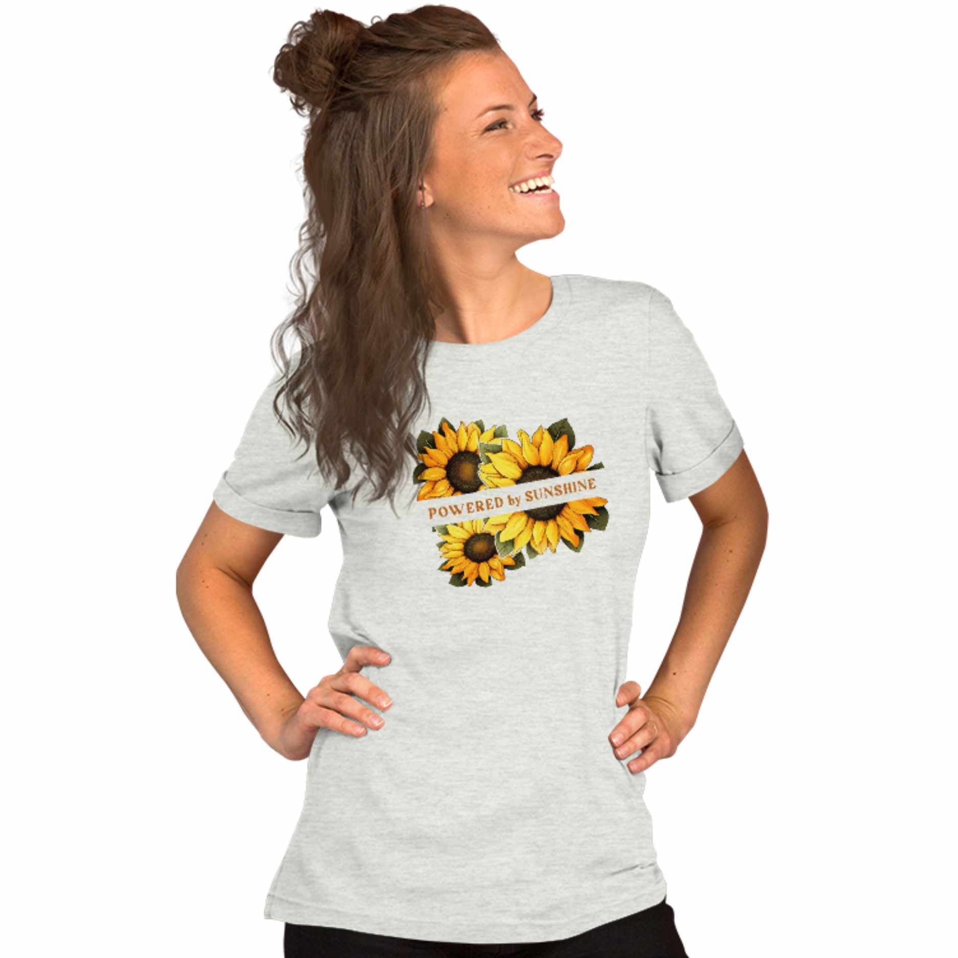 Woman Sunflower t-shirt. Slogan Powered by Sunshine.
