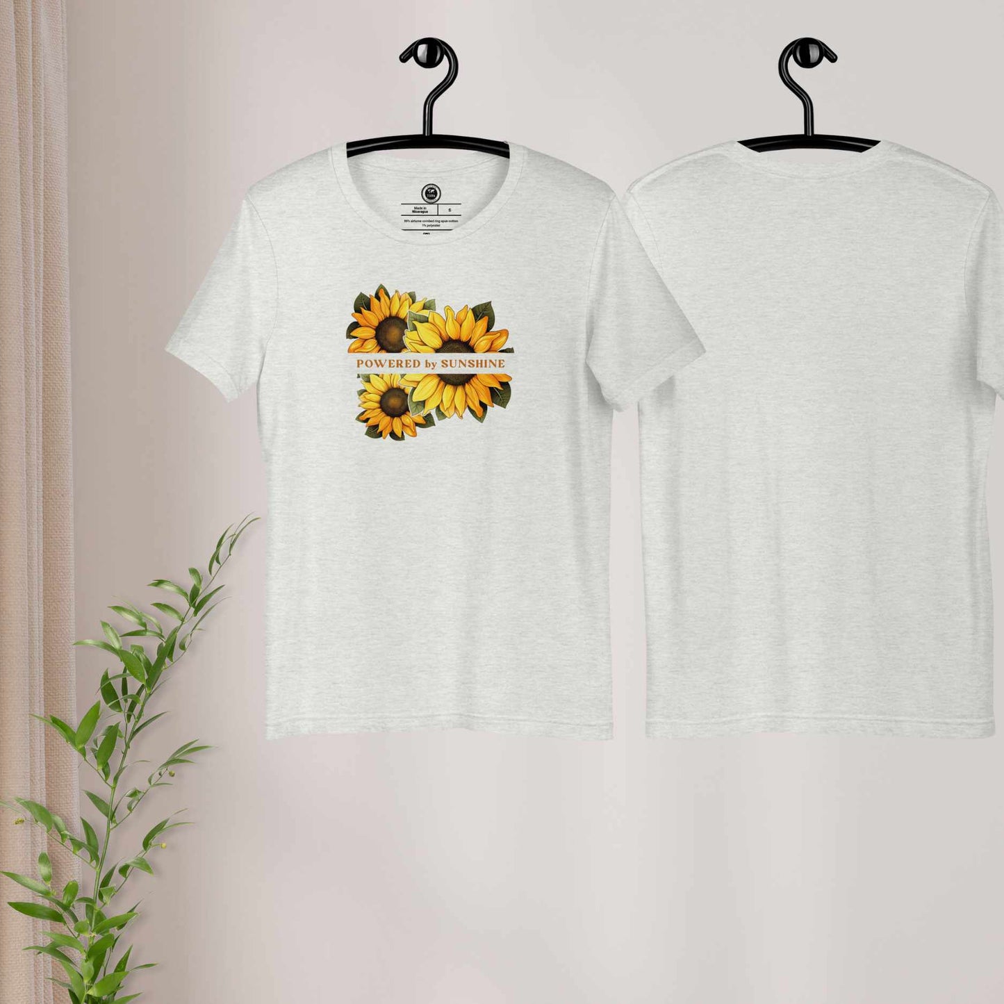 Woman Sunflower t-shirt. Slogan Powered by Sunshine.