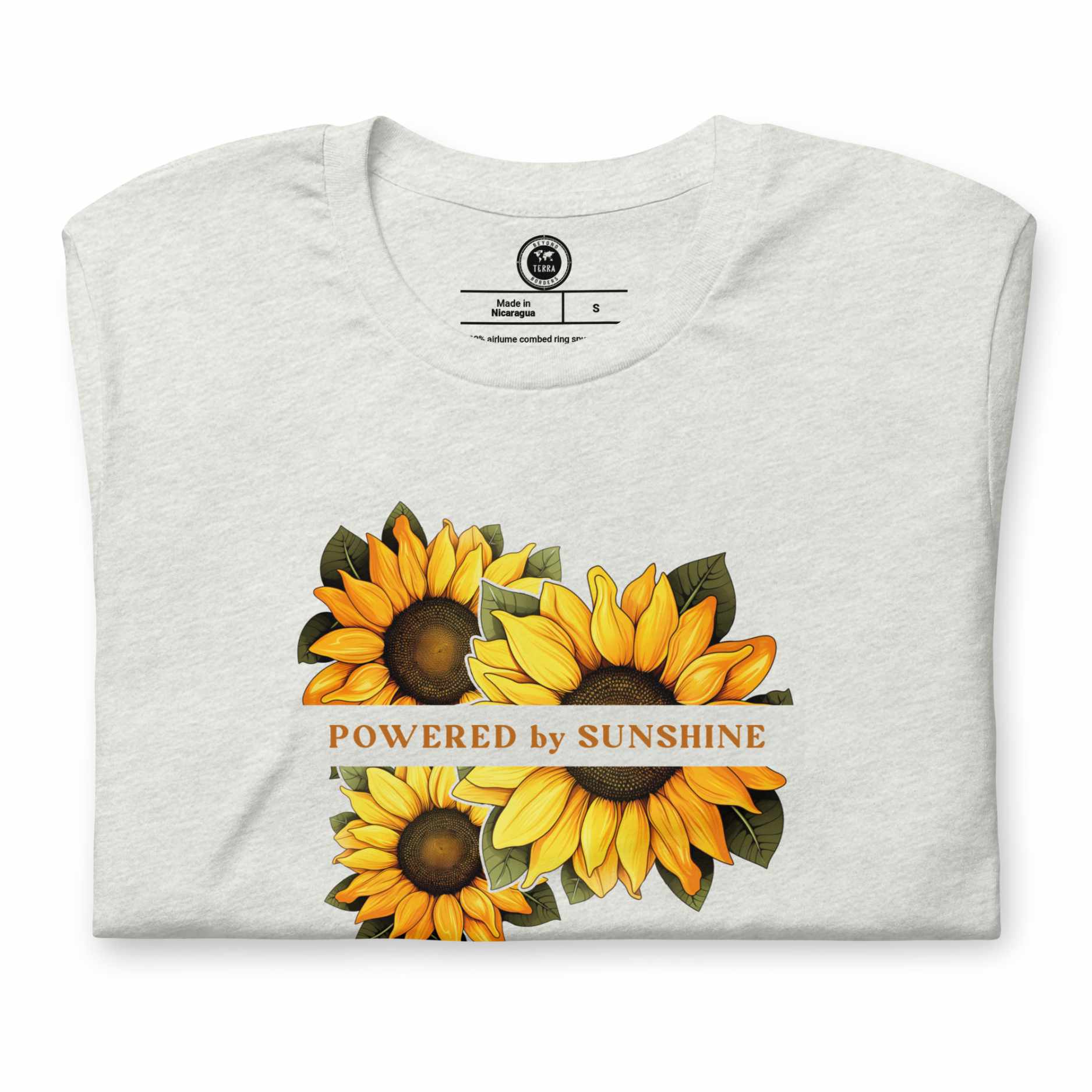 Woman Sunflower t-shirt. Slogan Powered by Sunshine.