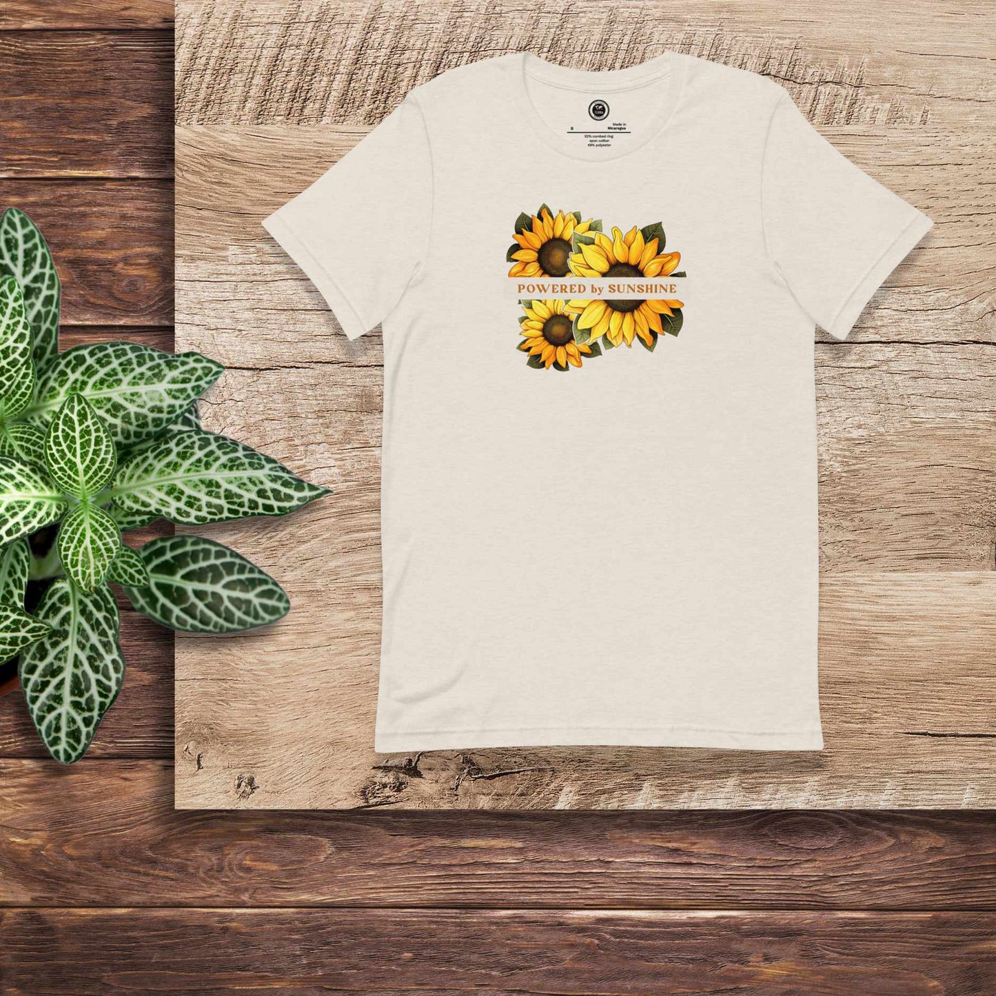 Woman Sunflower t-shirt. Slogan Powered by Sunshine.