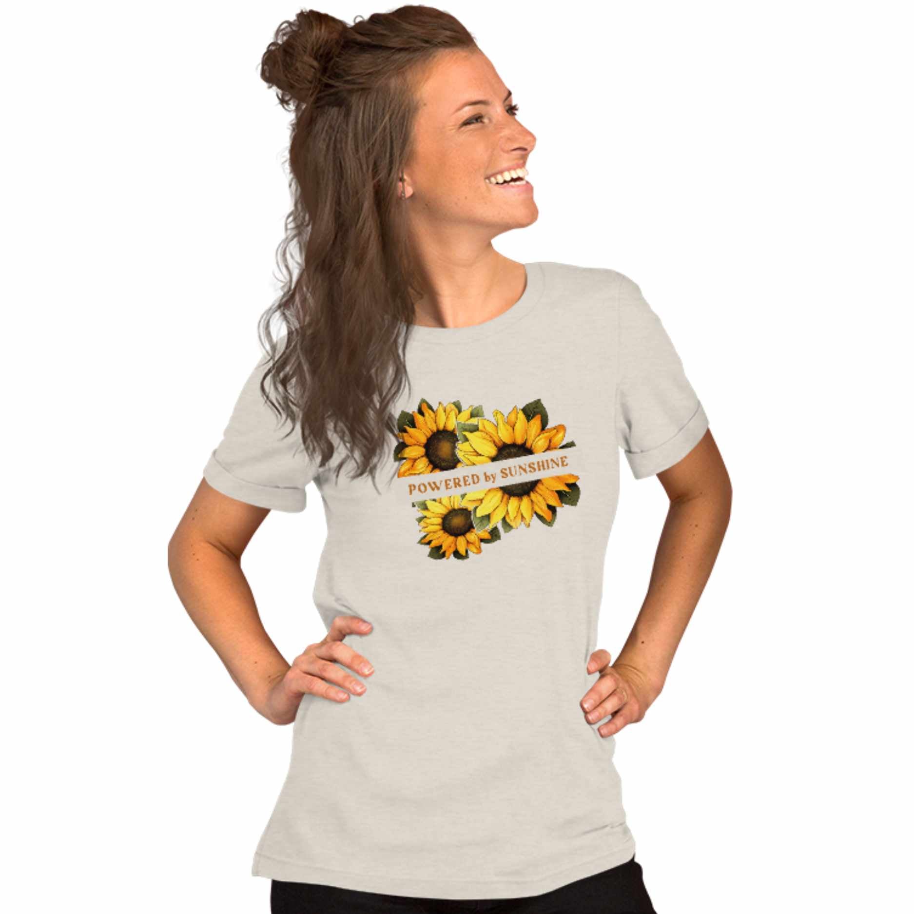Woman Sunflower t-shirt. Slogan Powered by Sunshine.