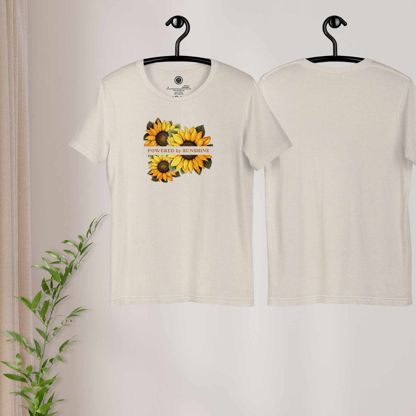 Woman Sunflower t-shirt. Slogan Powered by Sunshine.