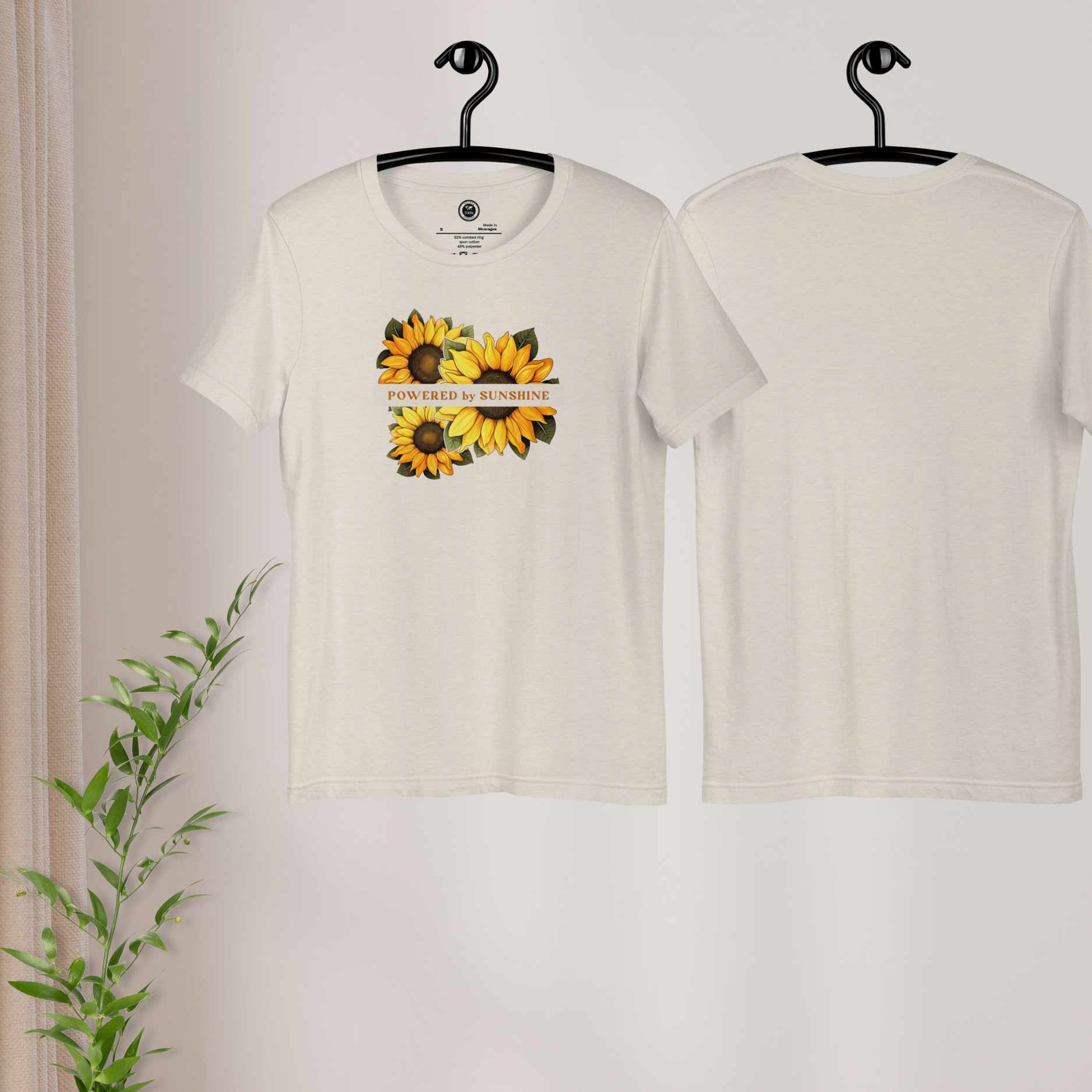 Woman Sunflower t-shirt. Slogan Powered by Sunshine.