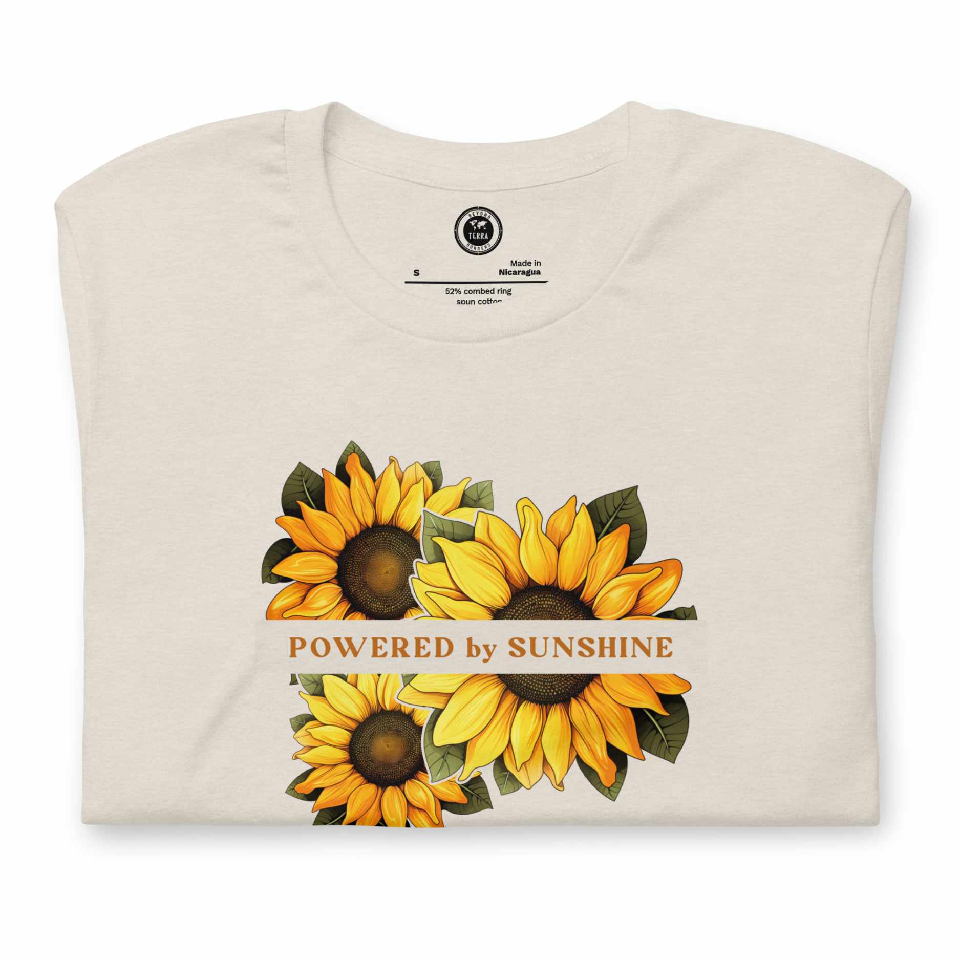 Woman Sunflower t-shirt. Slogan Powered by Sunshine.