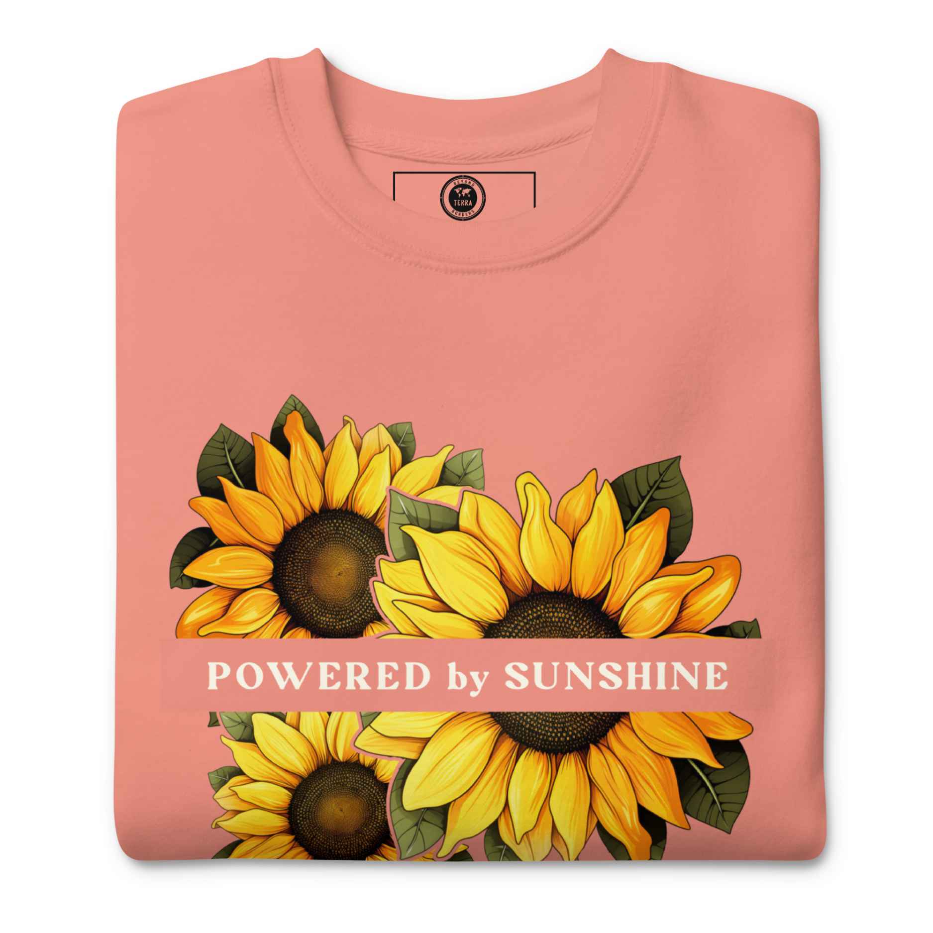 Woman sweatshirt with sunflower design and text Powered by Sunshine.