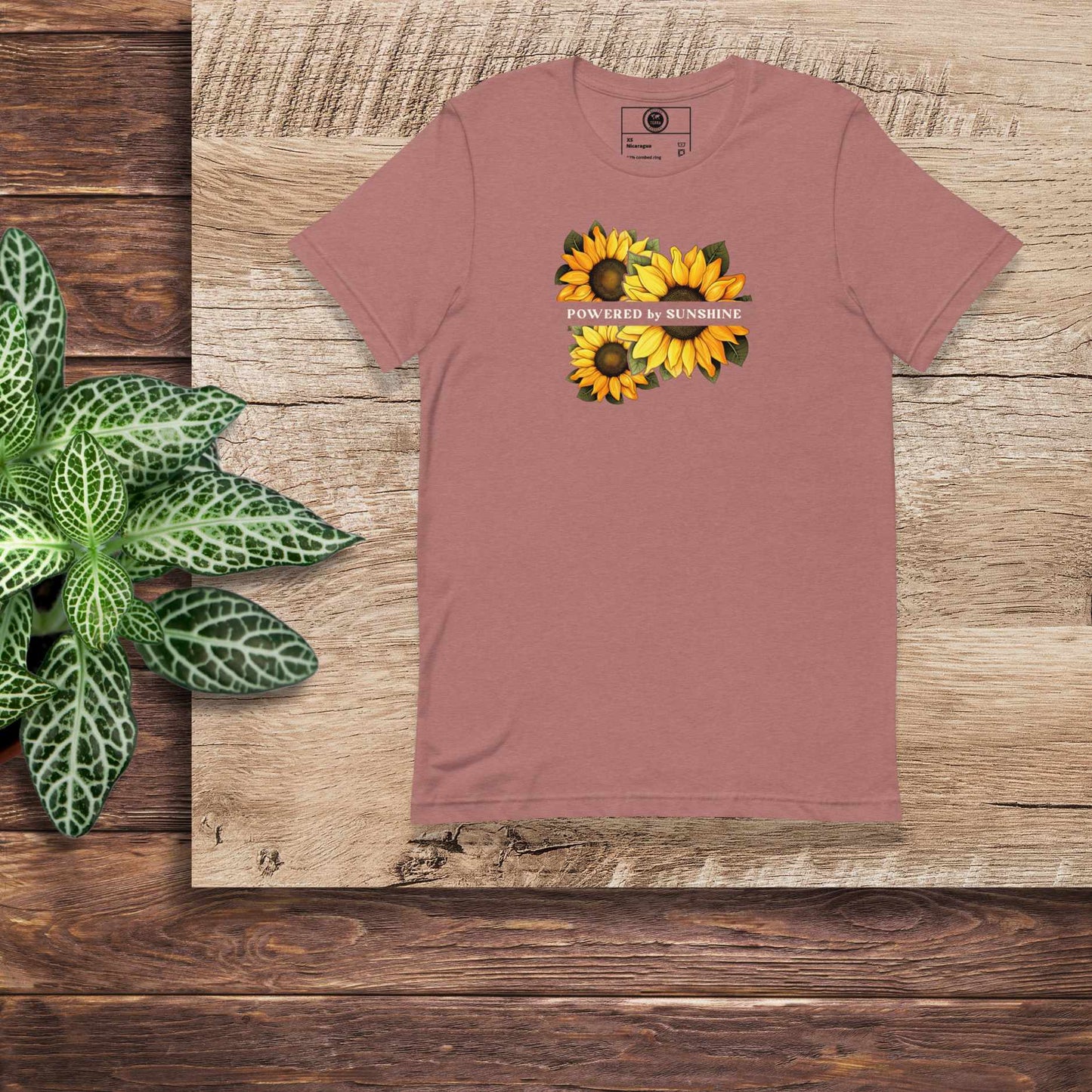 Woman Sunflower t-shirt. Slogan Powered by Sunshine.