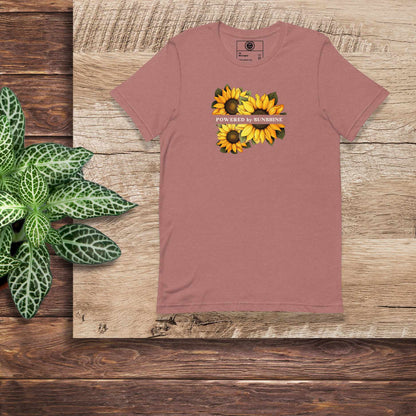 Woman Sunflower t-shirt. Slogan Powered by Sunshine.