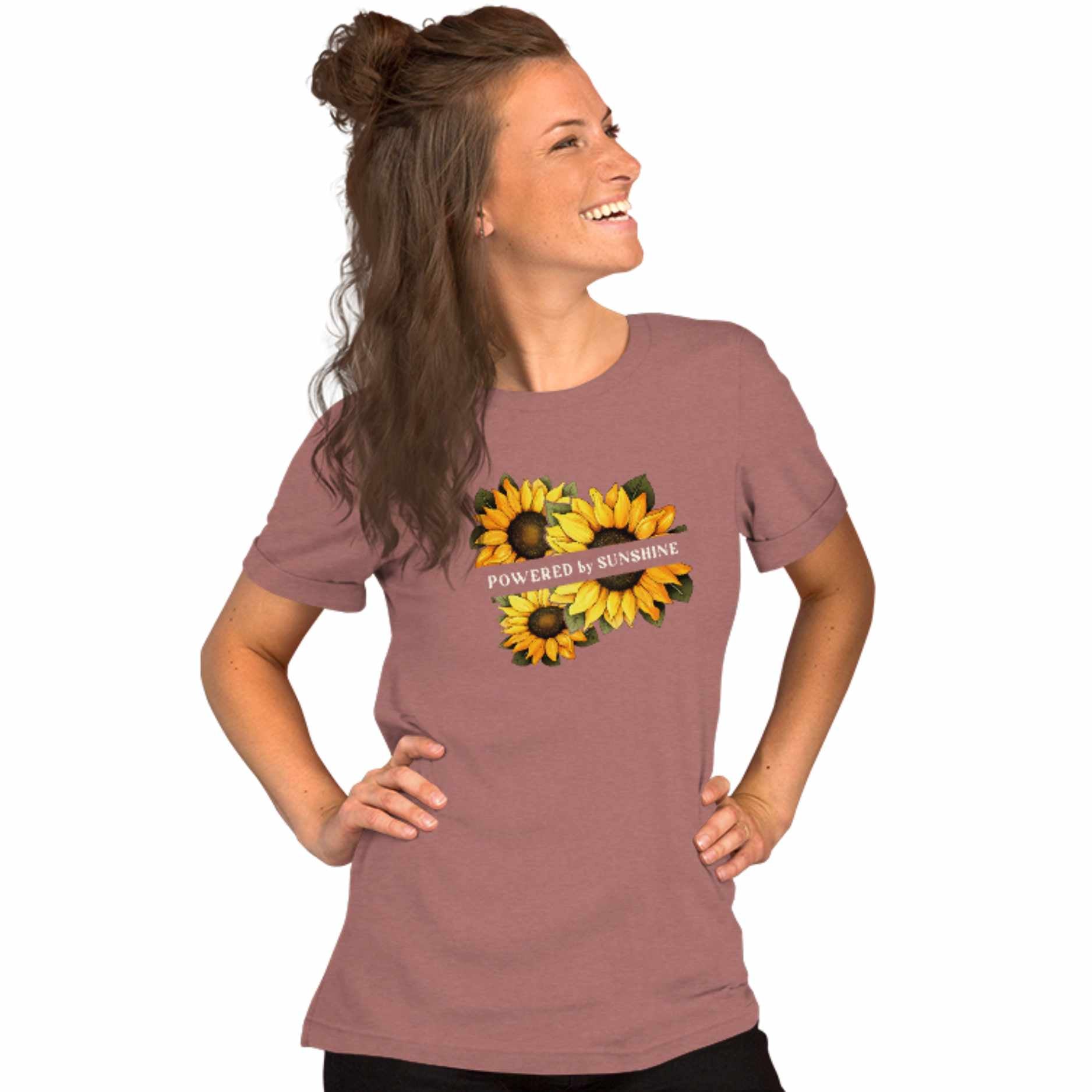 Woman Sunflower t-shirt. Slogan Powered by Sunshine.