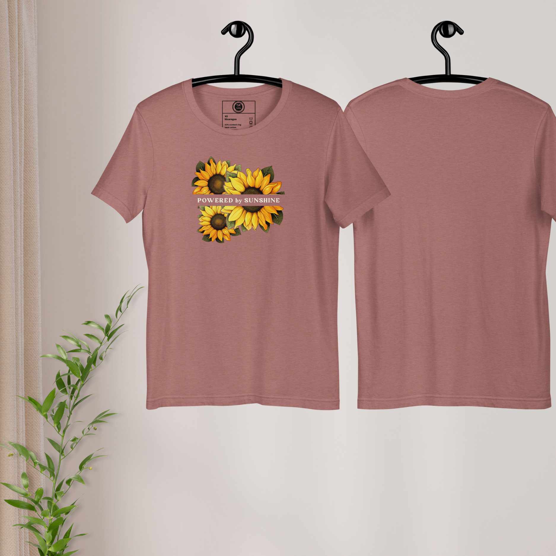 Woman Sunflower t-shirt. Slogan Powered by Sunshine.