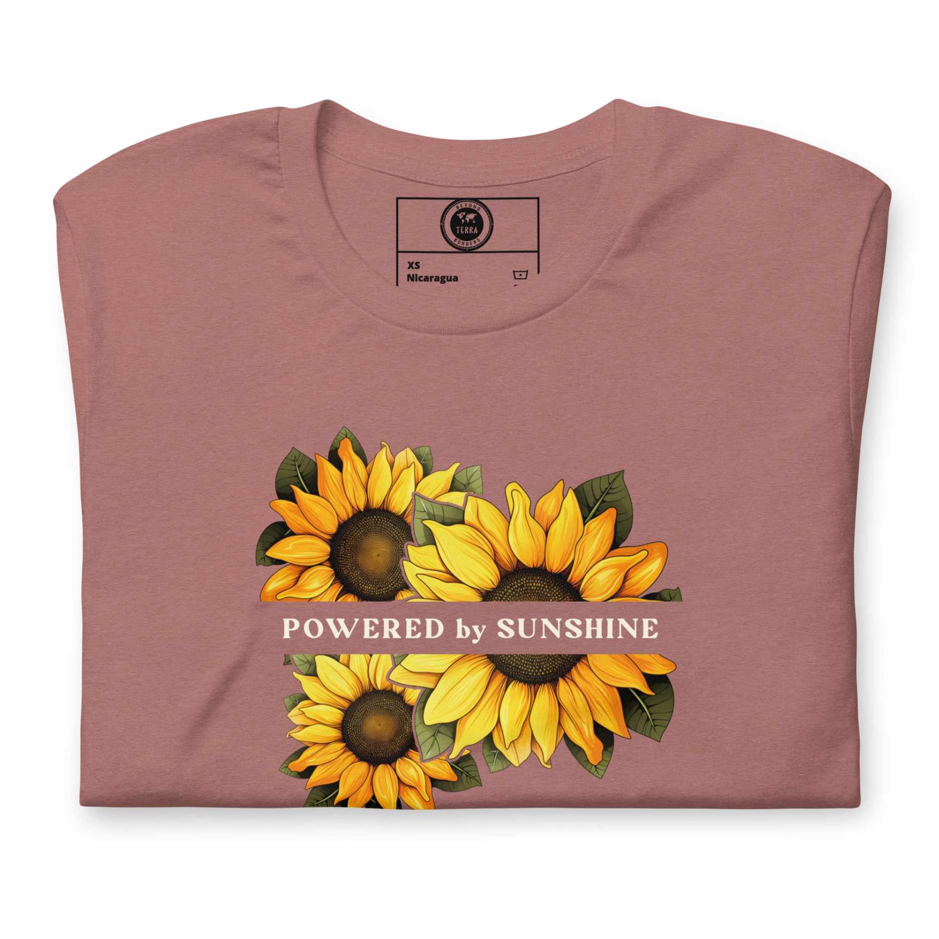 Woman Sunflower t-shirt. Slogan Powered by Sunshine.