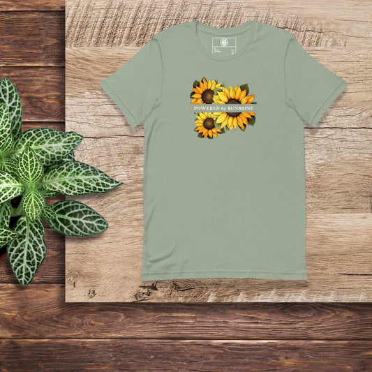 Woman Sunflower t-shirt. Slogan Powered by Sunshine.