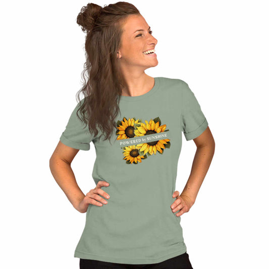 Woman Sunflower t-shirt. Slogan Powered by Sunshine.