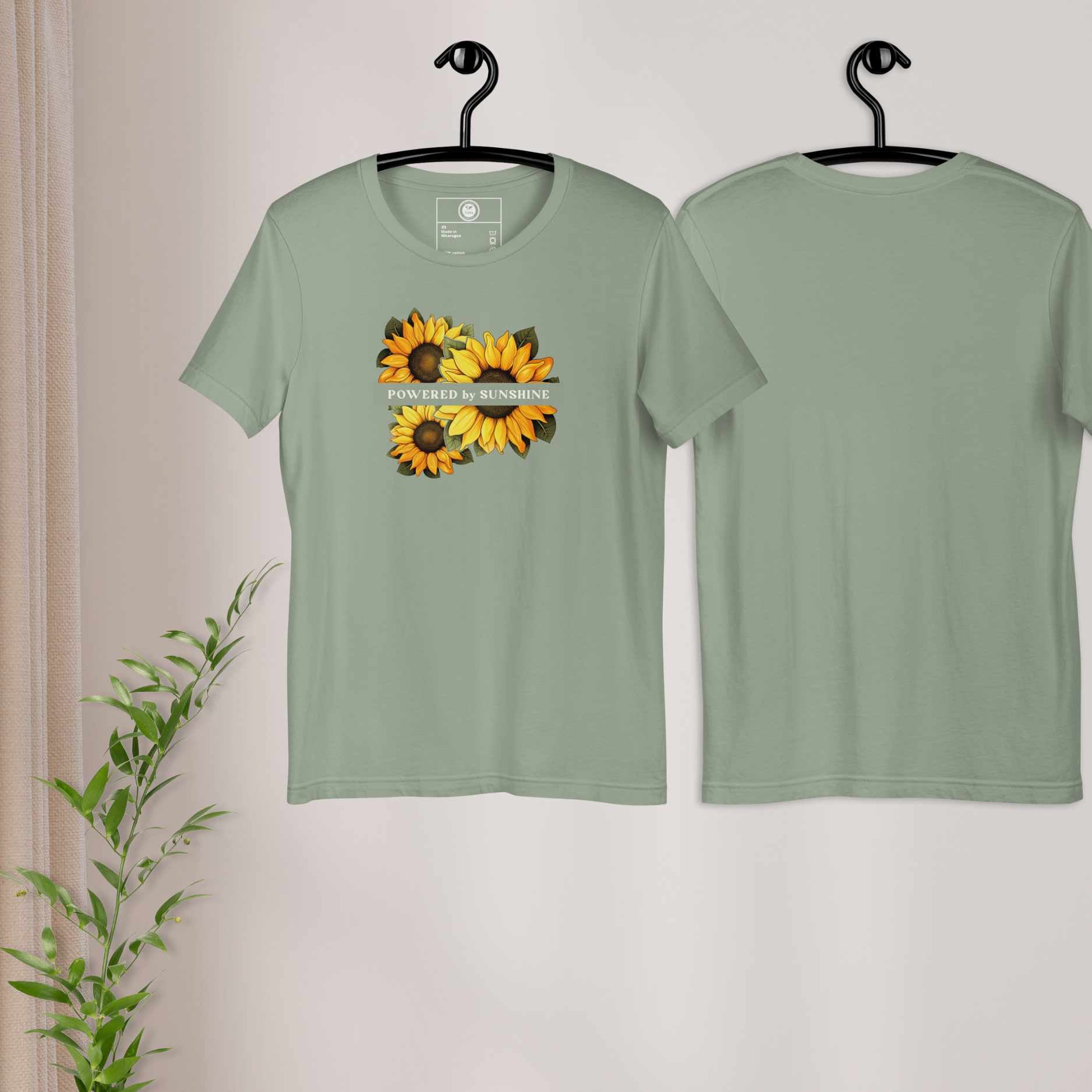Woman Sunflower t-shirt. Slogan Powered by Sunshine.