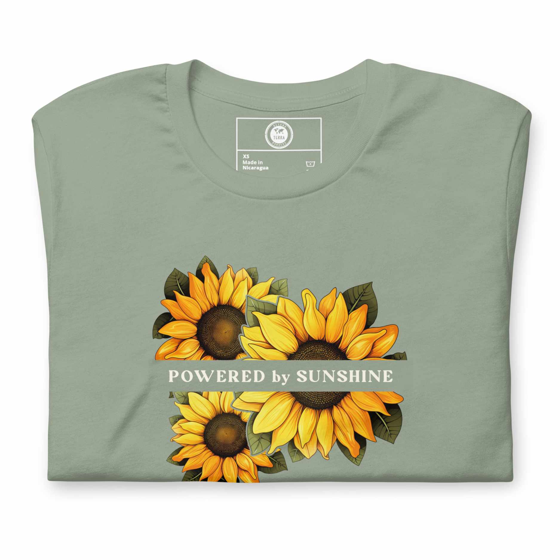Woman Sunflower t-shirt. Slogan Powered by Sunshine.