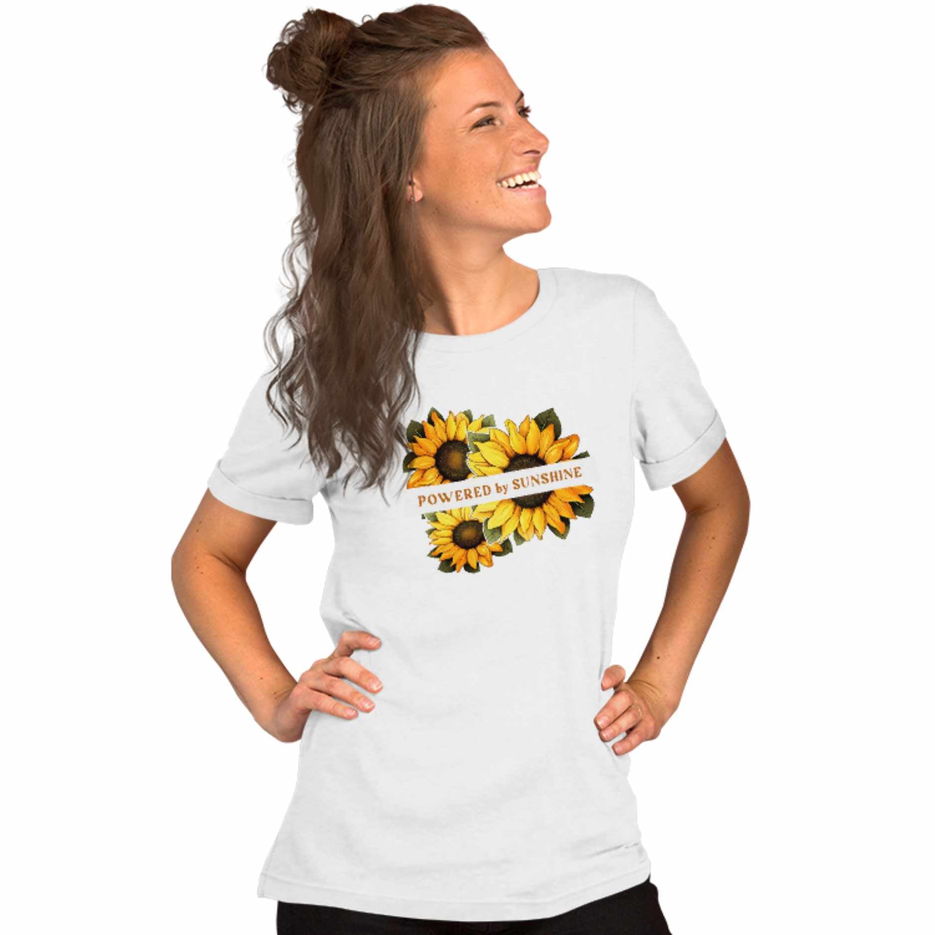 Woman Sunflower t-shirt. Slogan Powered by Sunshine.
