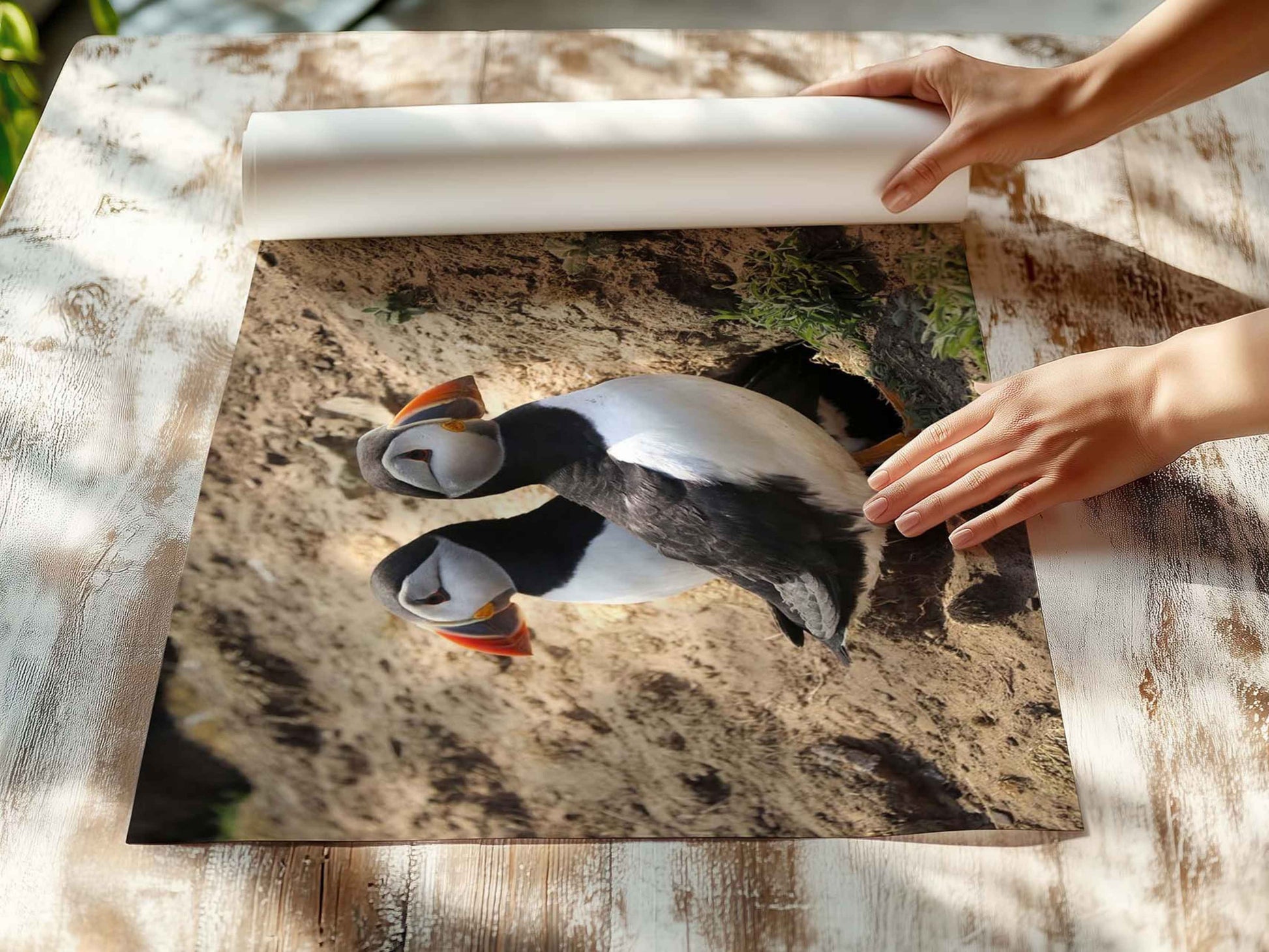 Pair of puffins on Skomer Island standing on a sandy ground with a natural background 