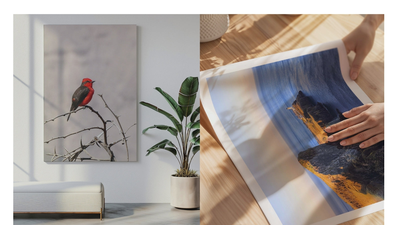 Canvas photography of a bird on the desert and a print poster with nature landscape.