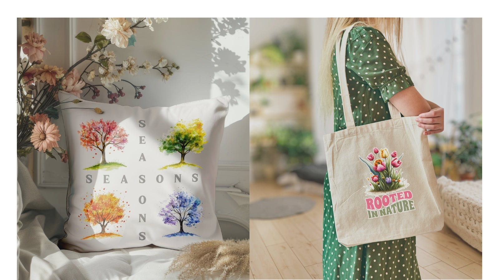Tote bag with 'Rooted in Nature' design and a pillow with 'Seasons' design.