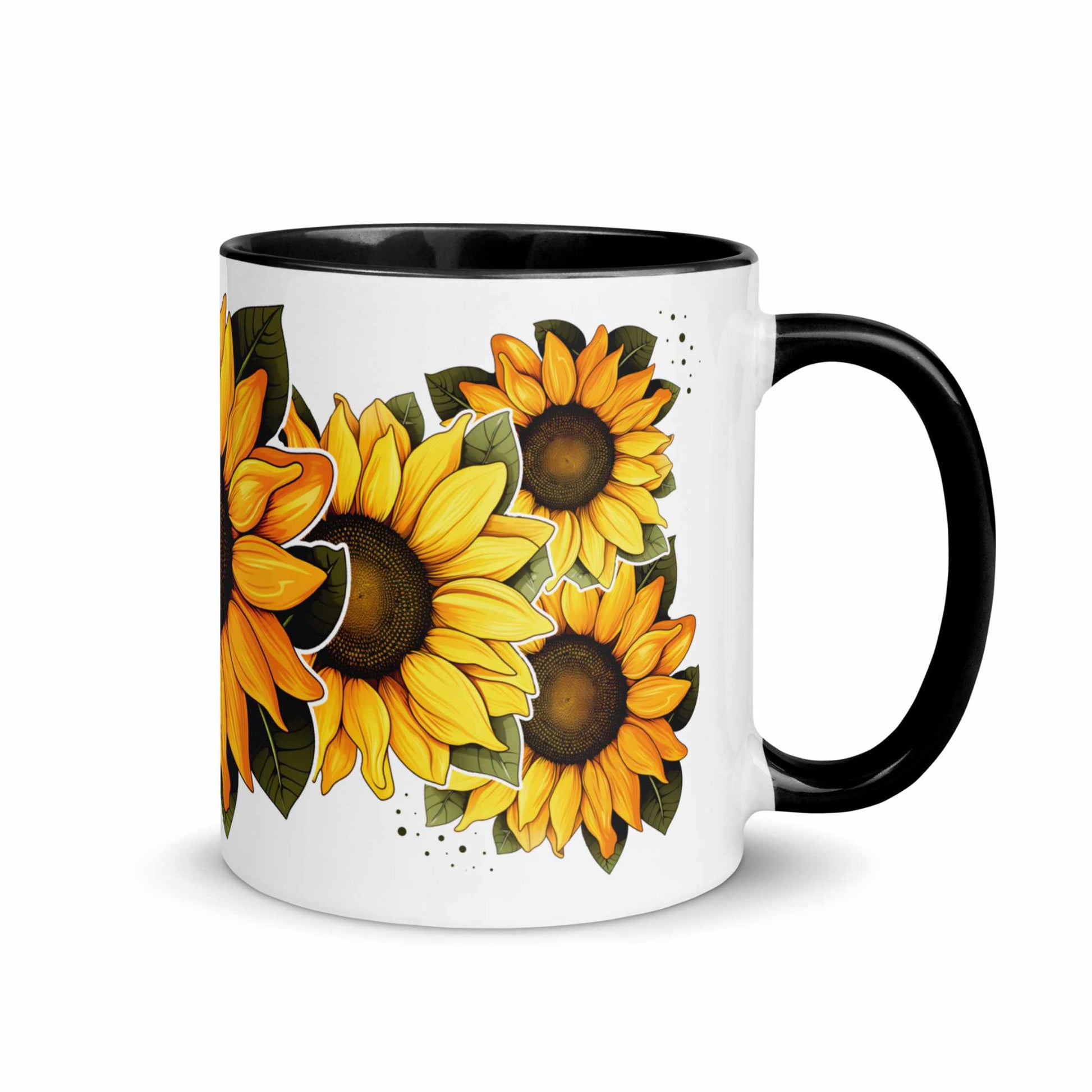 White mug with black handle featuring sunflower design on a white background