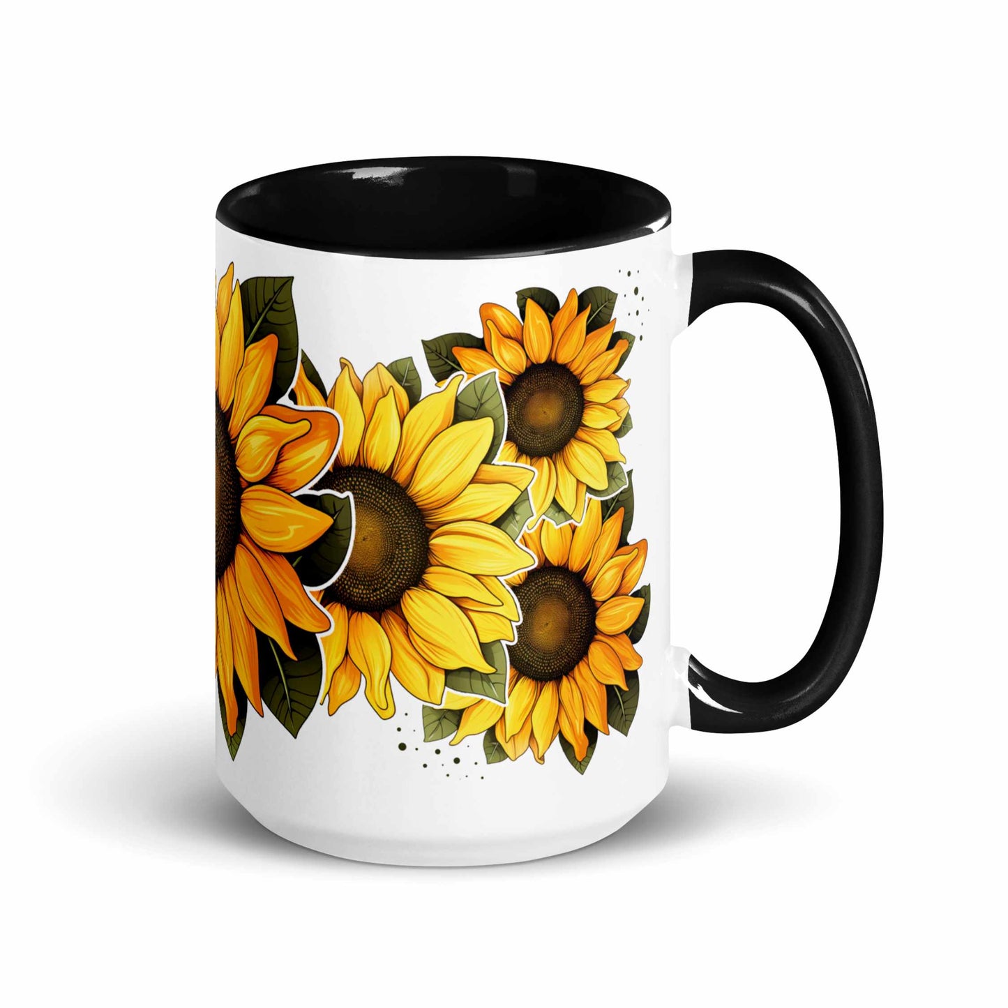 White mug with black handle and sunflower design on a white background