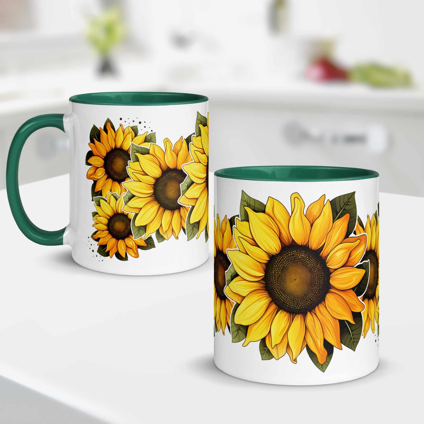 Two mugs with sunflower designs on a white surface.