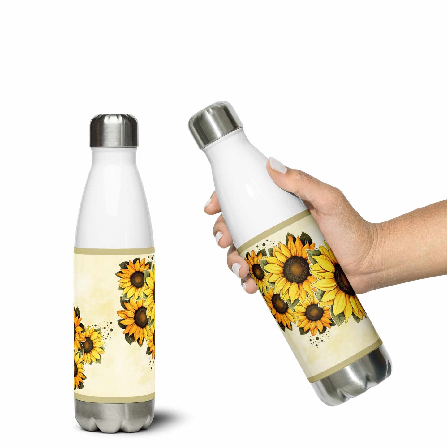 Hands holding White water bottle stainless steel with sunflower design on a white background