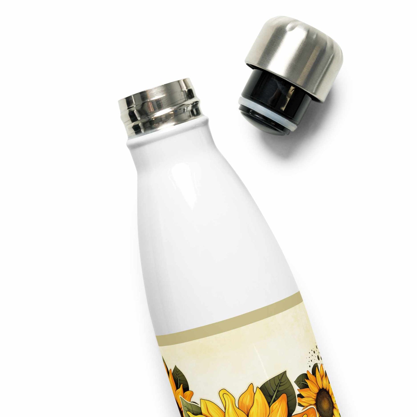 close-up White water bottle stainless steel with sunflower design on a white background