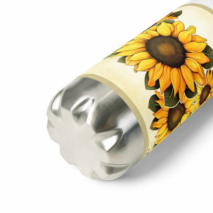 close-up water bottle stainless steel with sunflower design on a white background
