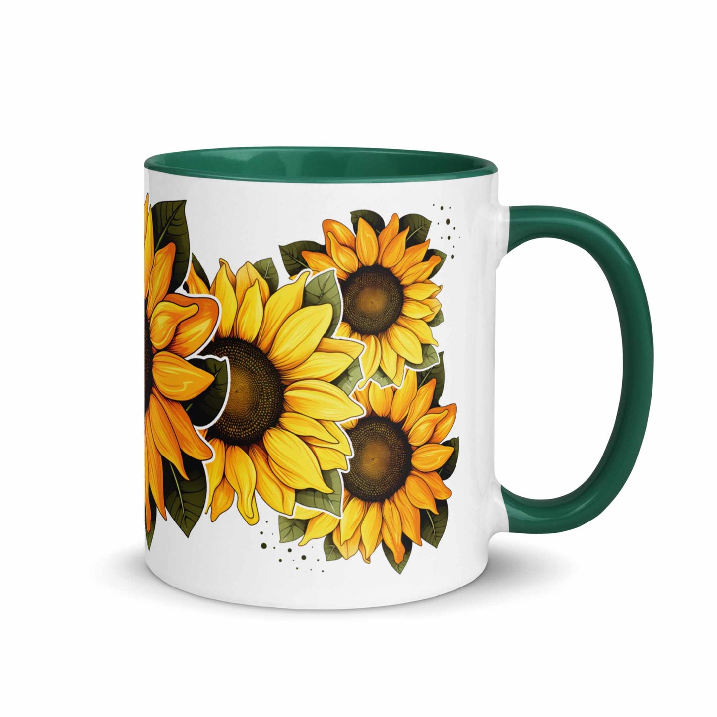 White and green ceramic mug with sunflower design and green handle on a white background