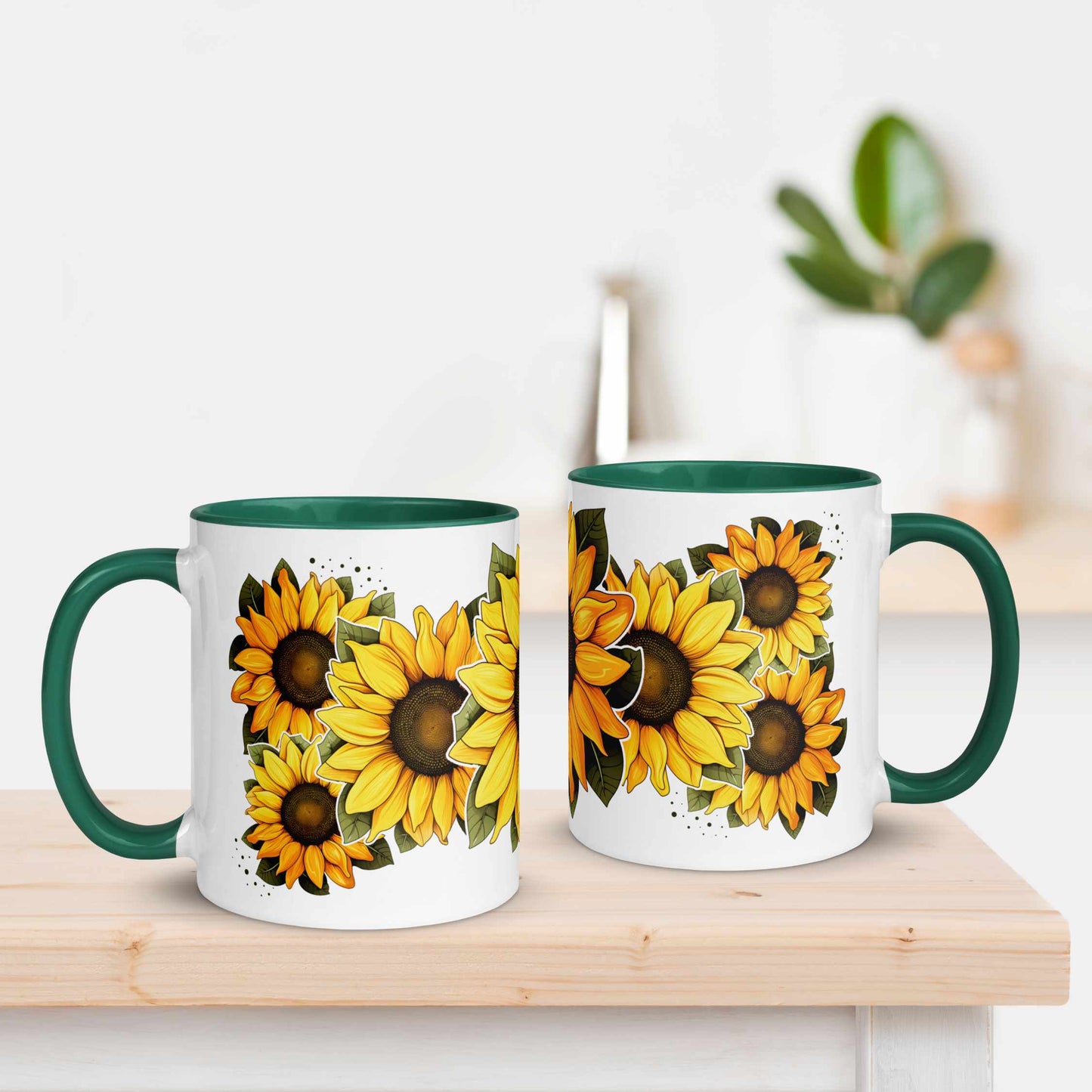 White and green ceramic mug 11 oz with green handle and  sunflower design on a wooden surface