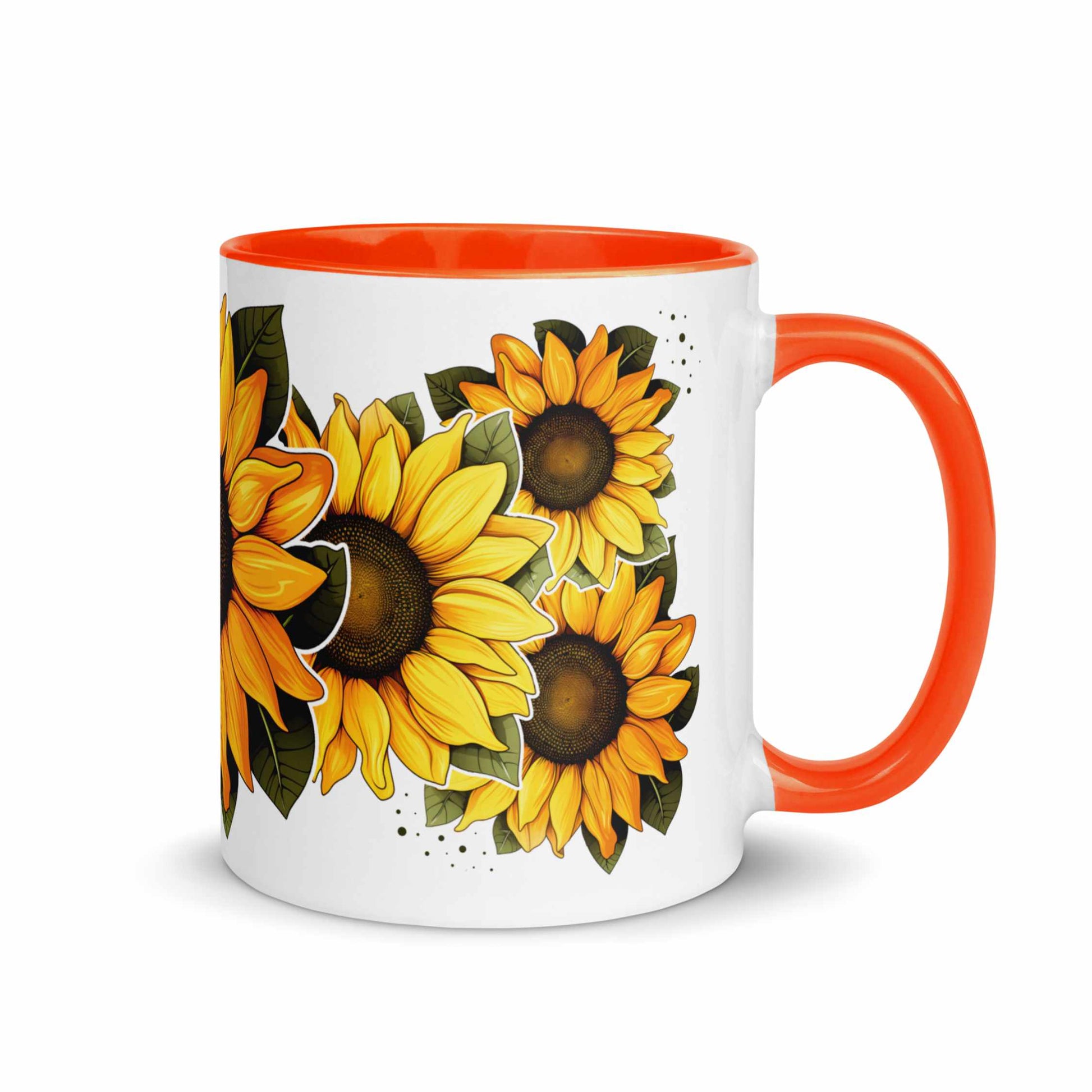 White and orange ceramic mug with sunflower design and orange handle on a white background