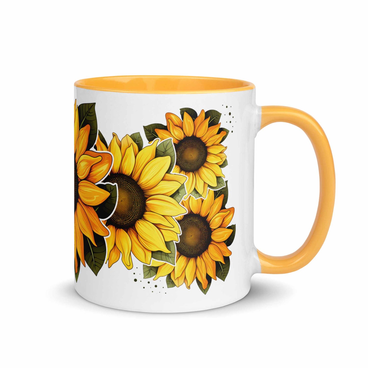 White and yellow ceramic mug 11 oz with sunflower design and yellow handle on a white background