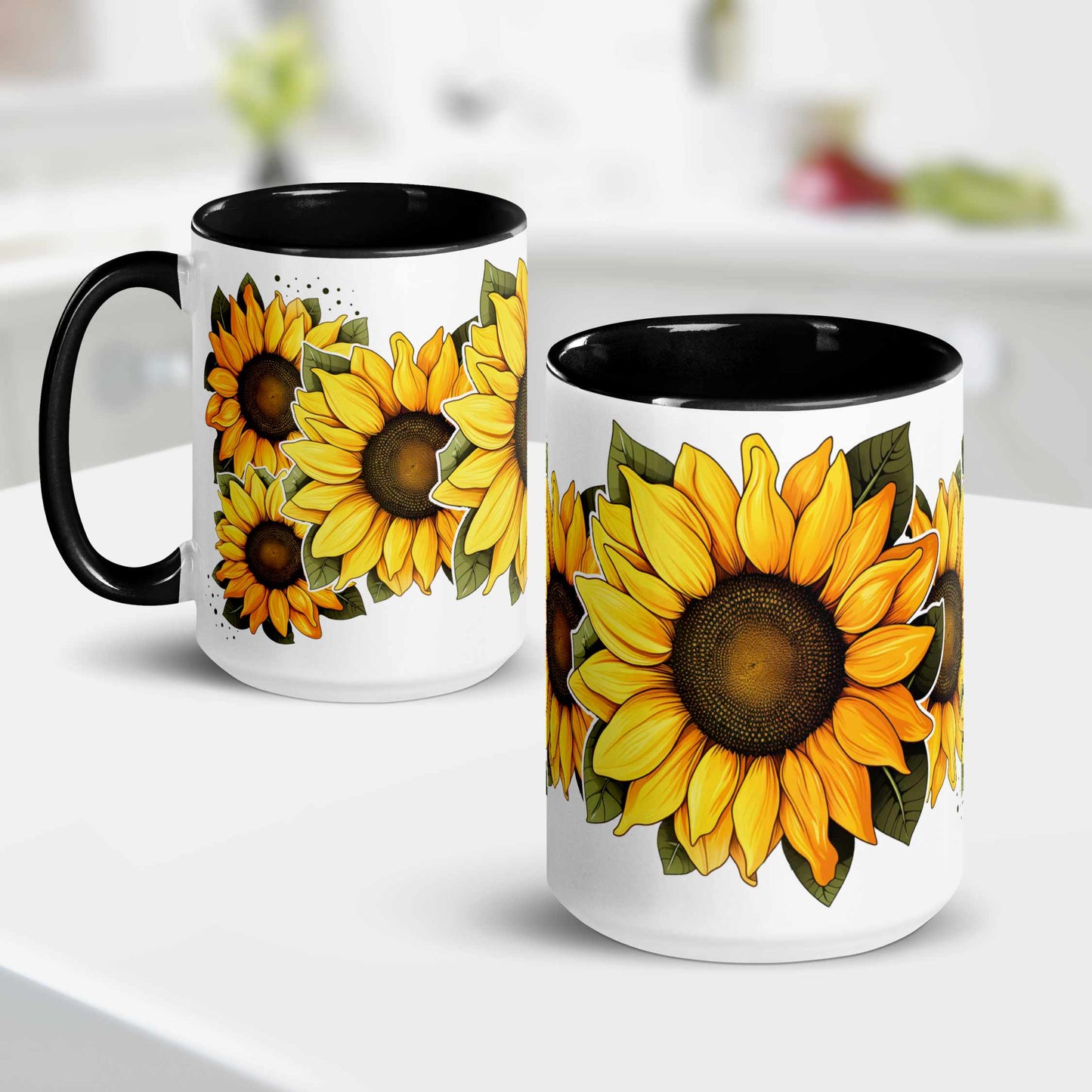 White and black ceramic mug 15 oz with sunflower designs on a white surface and kitchen background 