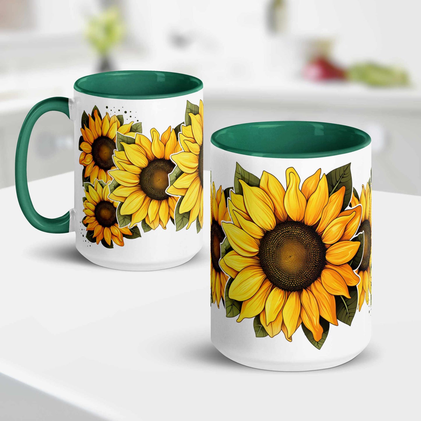White and green ceramic mug 15 oz with green handle featuring sunflower designs on a white surface and kitchen background
