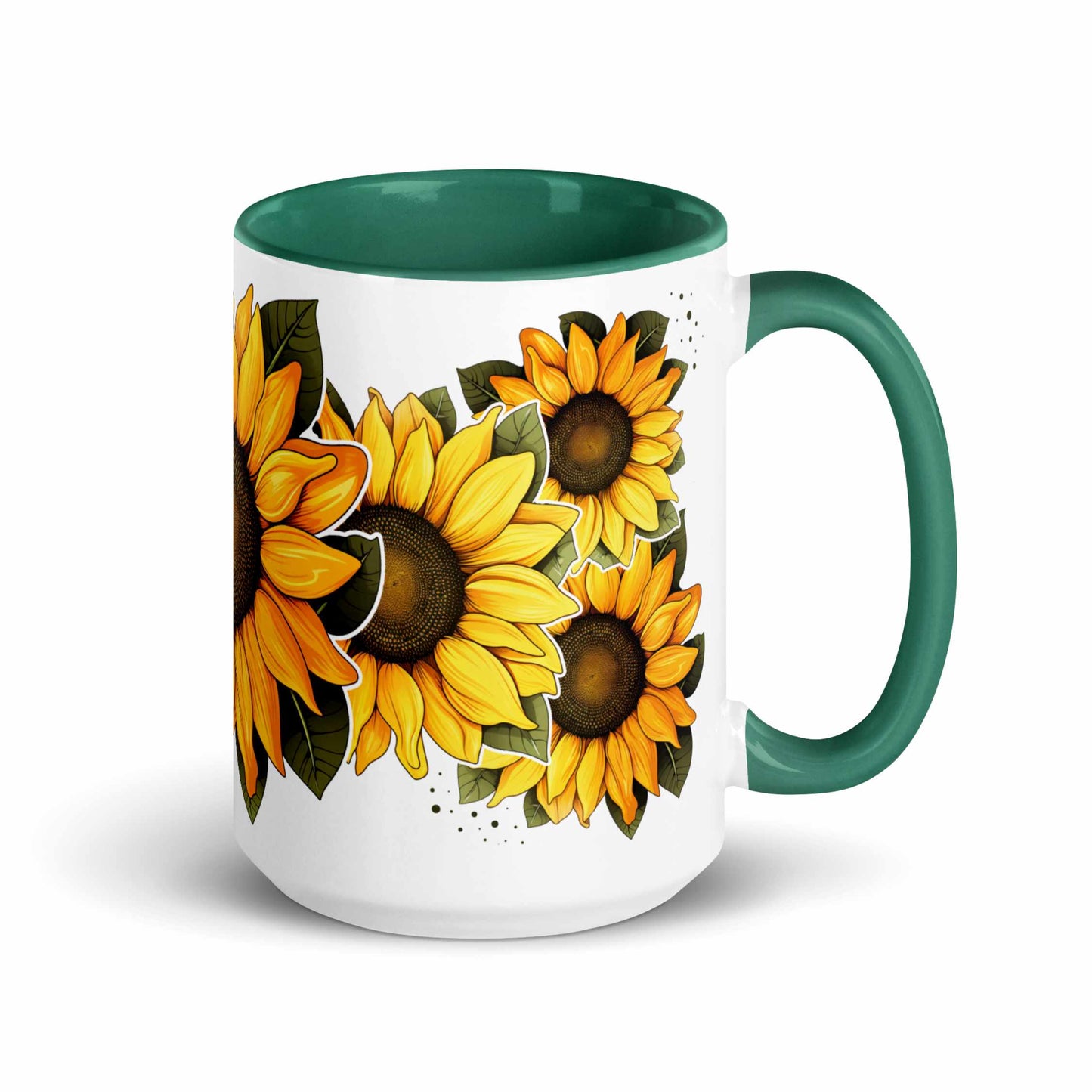 White and green ceramic mug 15 oz with green handle featuring sunflower design on a white background