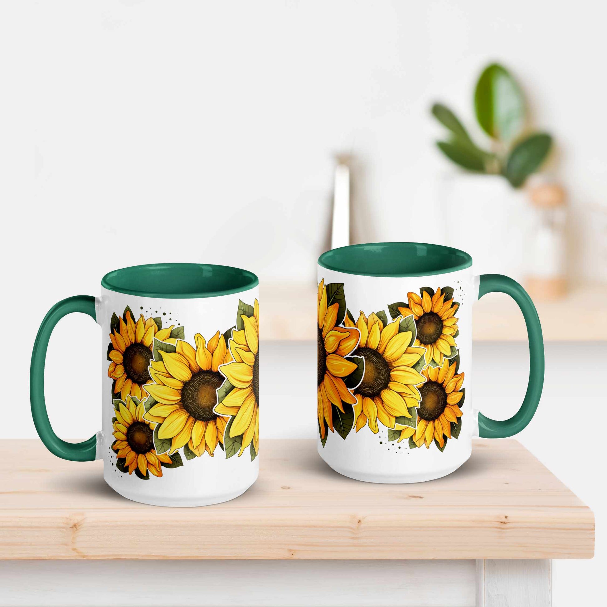 White and green ceramic mug 15 oz with green handle featuring sunflower design on a wooden surface