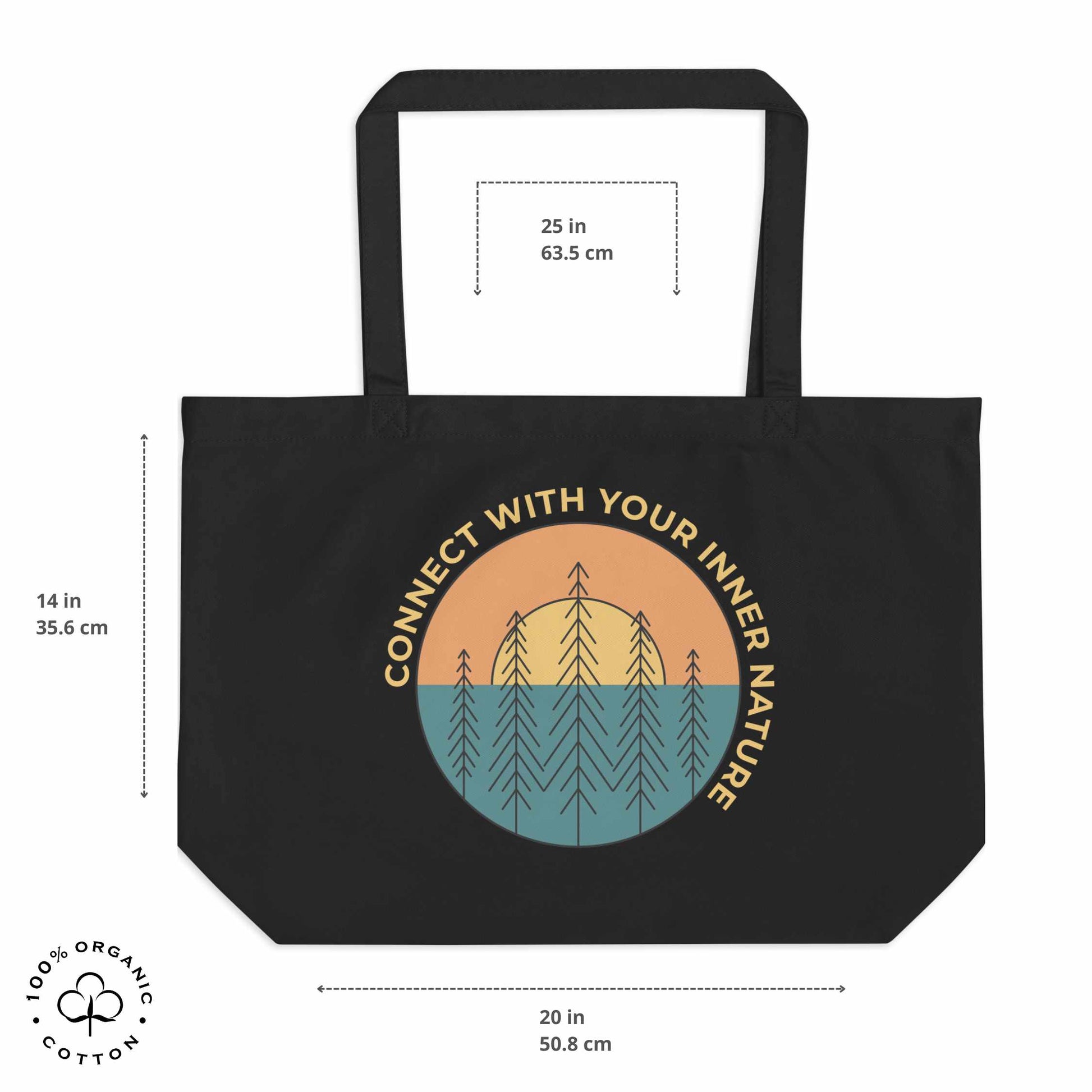 Black organic cotton tote bag with nature-themed design featuring sun and trees and 'Connect with Your Inner Nature' text on a white background showing measurements. 
