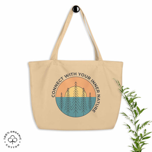 Oyster organic cotton tote bag with nature-themed design featuring sun and trees and 'Connect with Your Inner Nature' text on a white background.